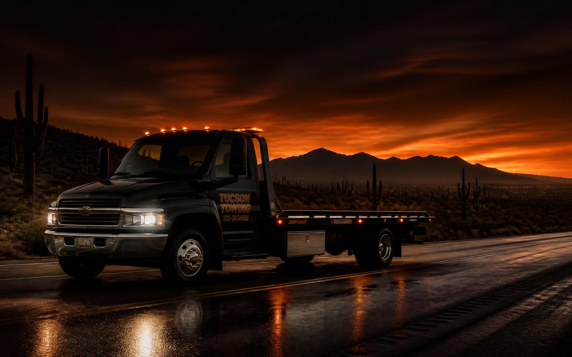 Arizona Elite Towing flatbed tow truck at sunset in the Tucson desert